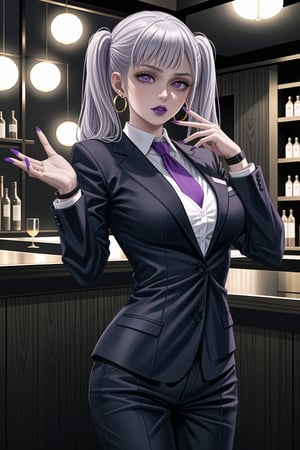 ((best quality)),  ((highly detailed)),  masterpiece,1girl, 1girl, (lips:1.3) (purple lips:1.4),pose:1.2, white shirt, suit, black jacket, black pants, black necktie, large breast, (hoop earrings:1.2), purple nails, looking at viewer, standing, cowboy shot, bar,outdoor,lamp,nigth,space, alcohol, purple nails, wristband,,noelle_silva, twintails, white hair, purple eyes,<lora:659111690174031528:1.0>