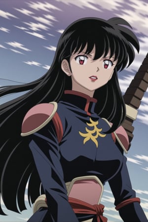 ((best quality)), ((highly detailed)), masterpiece, ((official art), medium breasts, (((bodysuit, pauldrons, armor))),(higurashi kagome, black hair, long hair), (((red eyes))),(((red lips, red eyes,expressionless))), lips,  Japan, intricately detailed, hyperdetailed, blurry background,depth of field, best quality, masterpiece, intricate details, tonemapping, sharp focus, hyper detailed, trending on Artstation,1 girl, high res, official art,beautiful detailed eyes,higurashi kagome,<lora:659111690174031528:1.0>
