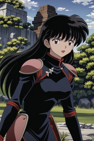 ((best quality)), ((highly detailed)), masterpiece, ((official art), medium breasts, (((bodysuit, pauldrons, armor))),(higurashi kagome, black hair, brown eyes, long hair), (((red lips, red eyes,expressionless))), lips,  Japan, intricately detailed, hyperdetailed, blurry background,depth of field, best quality, masterpiece, intricate details, tonemapping, sharp focus, hyper detailed, trending on Artstation,1 girl, high res, official art,beautiful detailed eyes,higurashi kagome,<lora:659111690174031528:1.0>