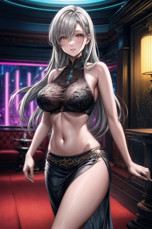 ((best quality)),  ((highly detailed)),  masterpiece,  ((official art)),  ,elizabeth, long hair,white hair, long hair, belly dance, belly dance clothes, provocative look, provocative smile, naughty, nightclub scene, neon lights, belly dance, best quality,  intricately detailed,  hyperdetailed,  blurry background, depth of field,  best quality,  masterpiece,  intricate details,  tonemapping,  sharp focus,  hyper detailed,  trending on Artstation, 1 girl,  high res,  official art,fantasy00d,night club