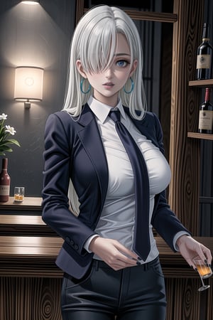 ((best quality)),  ((highly detailed)),  masterpiece,1girl, 1girl, (lips:1.3) (blue lips:1.2),pose:1.2, white shirt, suit, black jacket, black pants, black necktie, large breast, (hoop earrings:1.2), blue nails, looking at viewer, standing, cowboy shot, bar,outdoor,lamp,nigth,space, alcohol, blue nails, wristband,lizabeth, long hair, blue eyes, white hair, hair over one eye, single earring,,<lora:659111690174031528:1.0>