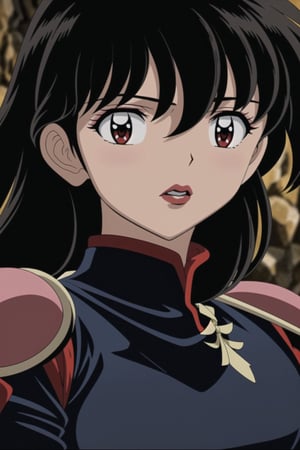 ((best quality)), ((highly detailed)), masterpiece, ((official art), medium breasts, (((bodysuit, pauldrons, armor))),(higurashi kagome, black hair, brown eyes, long hair), (((red lips, red eyes,expressionless))), lips,  Japan, intricately detailed, hyperdetailed, blurry background,depth of field, best quality, masterpiece, intricate details, tonemapping, sharp focus, hyper detailed, trending on Artstation,1 girl, high res, official art,beautiful detailed eyes,higurashi kagome,<lora:659111690174031528:1.0>