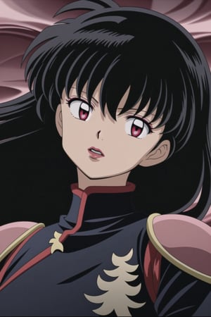 ((best quality)), ((highly detailed)), masterpiece, ((official art), medium breasts, (((bodysuit, pauldrons, armor))),(higurashi kagome, black hair, long hair), (((red eyes))),(((red lips, red eyes,expressionless))), lips,  Japan, intricately detailed, hyperdetailed, blurry background,depth of field, best quality, masterpiece, intricate details, tonemapping, sharp focus, hyper detailed, trending on Artstation,1 girl, high res, official art,beautiful detailed eyes,higurashi kagome,<lora:659111690174031528:1.0>