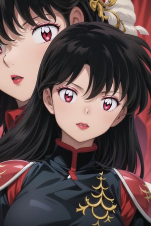 ((best quality)), ((highly detailed)), masterpiece, ((official art), medium breasts, (((bodysuit, pauldrons, armor))),(higurashi kagome, black hair, long hair), (((red eyes))),(((red lips, red eyes,expressionless))), lips,  Japan, intricately detailed, hyperdetailed, blurry background,depth of field, best quality, masterpiece, intricate details, tonemapping, sharp focus, hyper detailed, trending on Artstation,1 girl, high res, official art,beautiful detailed eyes,higurashi kagome