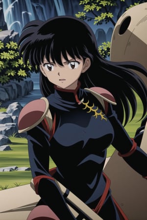((best quality)), ((highly detailed)), masterpiece, ((official art), medium breasts, (((bodysuit, pauldrons, armor))),(higurashi kagome, black hair, brown eyes, long hair), lips,  Japan, intricately detailed, hyperdetailed, blurry background,depth of field, best quality, masterpiece, intricate details, tonemapping, sharp focus, hyper detailed, trending on Artstation,1 girl, high res, official art,beautiful detailed eyes,,<lora:659111690174031528:1.0>