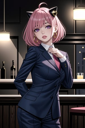 ((best quality)),  ((highly detailed)),  masterpiece,1girl, 1girl, (lips:1.3) (pink lips:1.2),pose:1.2, white shirt, suit, black jacket, black pants, black necktie, large breast, (hoop earrings:1.2),  pink nails, looking at viewer, standing, cowboy shot, bar,outdoor,lamp,nigth,space, alcohol, pinknails, wristband,(anya forger, bangs, short hair, pink hair, (purple eyes), ahoge, hair ornament), tall woman,<lora:659111690174031528:1.0>