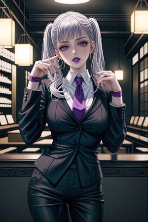 ((best quality)),  ((highly detailed)),  masterpiece,1girl, 1girl, (lips:1.3) (purple lips:1.4),pose:1.2, white shirt, suit, black jacket, black pants, black necktie, large breast, (hoop earrings:1.2), purple nails, looking at viewer, standing, cowboy shot, bar,outdoor,lamp,nigth,space, alcohol, purple nails, wristband,,noelle_silva, twintails, white hair, purple eyes,<lora:659111690174031528:1.0>