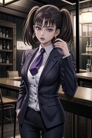 ((best quality)),  ((highly detailed)),  masterpiece,1girl, 1girl, (lips:1.3) (purple lips:1.2),pose:1.2, white shirt, suit, black jacket, black pants, black necktie, large breast, (hoop earrings:1.2), purple nails, looking at viewer, standing, cowboy shot, bar,outdoor,lamp,nigth,space, alcohol, purple nails, wristband,,diane, twintails, brown hair, purple eyes,<lora:659111690174031528:1.0>