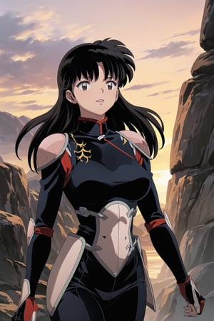 ((best quality)), ((highly detailed)), masterpiece, ((official art), medium breasts, (((bodysuit, pauldrons, armor))),(higurashi kagome, black hair, brown eyes, long hair), lips,  Japan, intricately detailed, hyperdetailed, blurry background,depth of field, best quality, masterpiece, intricate details, tonemapping, sharp focus, hyper detailed, trending on Artstation,1 girl, high res, official art,beautiful detailed eyes,