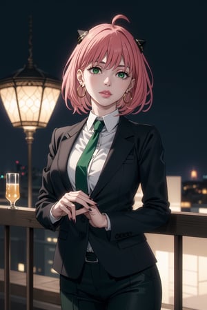 ((best quality)),  ((highly detailed)),  masterpiece,1girl, 1girl, (lips:1.3) (pink lips:1.2),pose:1.2, white shirt, suit, black jacket, black pants, black necktie, large breast, (hoop earrings:1.2),  pink nails, looking at viewer, standing, cowboy shot, bar,outdoor,lamp,nigth,space, alcohol, pinknails, wristband,(anya forger, bangs, short hair, pink hair, green eyes, ahoge, hair ornament), tall woman,csm anime style