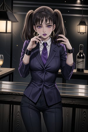((best quality)),  ((highly detailed)),  masterpiece,1girl, 1girl, (lips:1.3) (purple lips:1.4),pose:1.2, white shirt, suit, black jacket, black pants, black necktie, large breast, (hoop earrings:1.2), purple nails, looking at viewer, standing, cowboy shot, bar,outdoor,lamp,nigth,space, alcohol, purple nails, wristband,,diane, twintails, brown hair, purple eyes,<lora:659111690174031528:1.0>