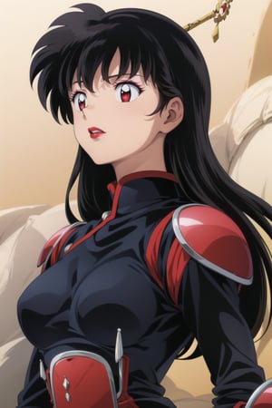 ((best quality)), ((highly detailed)), masterpiece, ((official art), medium breasts, (((bodysuit, pauldrons, armor))),(higurashi kagome, black hair, long hair), (((red eyes))),(((red lips, red eyes,expressionless))), lips,  Japan, intricately detailed, hyperdetailed, blurry background,depth of field, best quality, masterpiece, intricate details, tonemapping, sharp focus, hyper detailed, trending on Artstation,1 girl, high res, official art,beautiful detailed eyes,higurashi kagome