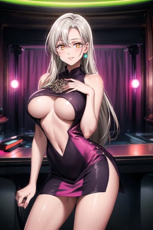 ((best quality)),  ((highly detailed)),  masterpiece,  ((official art)),  ,elizabeth, long hair,white hair, long hair, (provocative look:1.2), provocative smile, naughty, (/nightclub scene, neon lights)),  best quality,  intricately detailed,  hyperdetailed,  blurry background, depth of field,  best quality,  masterpiece,  intricate details,  tonemapping,  sharp focus,  hyper detailed,  trending on Artstation, 1 girl,  high res,  official art,cutout dress,underboob cutout dress