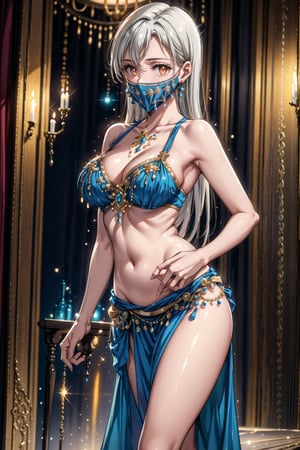((best quality)),  ((highly detailed)),  masterpiece,  ((official art)),  ,elizabeth, long hair,white hair, long hair, belly dance, belly dance clothes, provocative look, provocative smile, naughty, nightclub scene, neon lights, belly dance, best quality,  intricately detailed,  hyperdetailed,  blurry background, depth of field,  best quality,  masterpiece,  intricate details,  tonemapping,  sharp focus,  hyper detailed,  trending on Artstation, 1 girl,  high res,  official art,fantasy00d,night club,high heels,face_veil