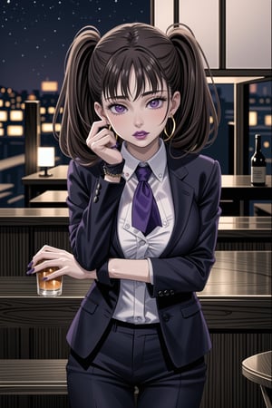 ((best quality)),  ((highly detailed)),  masterpiece,1girl, 1girl, (lips:1.3) (purple lips:1.4),pose:1.2, white shirt, suit, black jacket, black pants, black necktie, large breast, (hoop earrings:1.2), purple nails, looking at viewer, standing, cowboy shot, bar,outdoor,lamp,nigth,space, alcohol, purple nails, wristband,,diane, twintails, brown hair, purple eyes,<lora:659111690174031528:1.0>