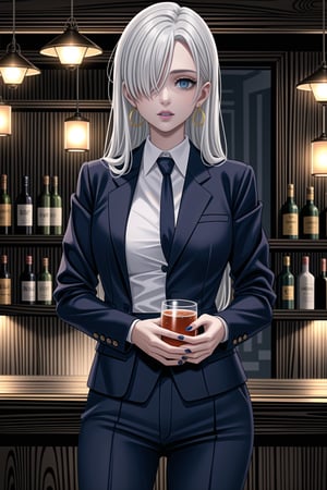 ((best quality)),  ((highly detailed)),  masterpiece,1girl, 1girl, (lips:1.3) (blue lips:1.2),pose:1.2, white shirt, suit, black jacket, black pants, black necktie, large breast, (hoop earrings:1.2), blue nails, looking at viewer, standing, cowboy shot, bar,outdoor,lamp,nigth,space, alcohol, blue nails, wristband,lizabeth, long hair, blue eyes, white hair, hair over one eye, single earring,<lora:659111690174031528:1.0>