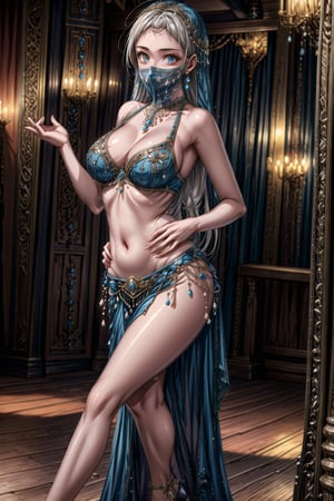 ((best quality)),  ((highly detailed)),  masterpiece,  ((official art)),  ,elizabeth, long hair,white hair, long hair, belly dance, belly dance clothes, provocative look, provocative smile, naughty, nightclub scene, neon lights, belly dance, best quality,  intricately detailed,  hyperdetailed,  blurry background, depth of field,  best quality,  masterpiece,  intricate details,  tonemapping,  sharp focus,  hyper detailed,  trending on Artstation, 1 girl,  high res,  official art,fantasy00d,night club,high heels,face_veil
