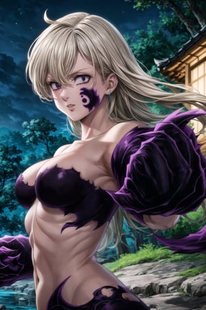 ((best quality)),  ((highly detailed)),  masterpiece,  ((official art)),  ,elizabeth, bangs, long hair,black eyes, ((white hair)), long hair, ((dark purple bodypaint, claws, upper body:1.2)), ((facial mark)),  standing, night, dark sky, night sky, moonlight, outdoors, east asian architecture, stone path, pond, tree, dramatic reveal,  dramatic lighting,  cinematic scene, supernatural,,  intricately detailed,  hyperdetailed,  blurry background, depth of field,  best quality,  masterpiece,  intricate details,  tonemapping,  sharp focus,  hyper detailed,  trending on Artstation, 1 girl,  high res,  official art,fantasy00d,