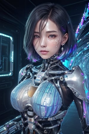 (1girl), (human face:1.3), Highly Detailed Beautiful girl, (extremely detailed beautiful face), Amazing face and eyes, (Highest Quality: 1.4), (Super Detailed), (Very Delicate and Beautiful), Biomechanical Cyborg, Beautiful Natural Shapes, lace, colorful details, diamond earrings, very delicate embroidery, intricate details, ultra-transparent skin, surreal, Super detailed, cyborg girl, realistic, (Innumerable shining internal structures, hollow body interior, made of metal, half human, translucent human body, The inside of the body is an incredibly complex structure made up of countless IC chips: 1.6), iridescent, futuristic, super complex, super beautiful, highly detailed CG unified 8K wallpaper, high resolution raw color photo, professional photo, flesh and blood, (cyber punk, Spiral structure, future urban cyberspace, iridescent illumination, dazzling light:1.35),Extremely Realistic