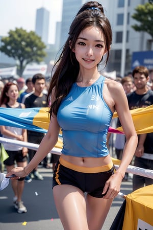 (Best Quality,4K,hight resolution,masutepiece:1.2),Ultra-detailed,(Realistic:1.37),(Physically-based rendering:1.2),Professional,Portrait,(("Marathon runner crossing the finish line")),Determined expression,athletic bodies,Glossy sweat on the forehead,Beautiful detailed eyes,Beautiful detailed smile,Wearing a sports bra and shorts,RunningShoes,I tied my hair tightly,Running alone against the blurred background of cheering spectators,Festive confetti in the air,Pride and joy,Excitement and relief,nffsw,Ultra-fine painting,Vivid colors,Soft pastel palette,Gentle lighting