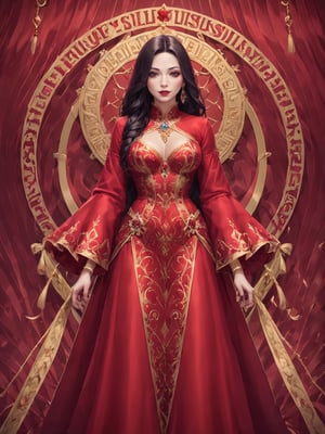 official art, unity 8k wallpaper, ultra detailed, beautiful and aesthetic, beautiful, masterpiece, best quality, (zentangle, mandala, tangle, entangle:0.4) The artwork features a fantasy chinese empress with the most sumptuous wedding hanfu dress made of (red silk:1.8) and richly embroidered with gold and silver threads, intricately carved golden badges and tassels, very large sleeves, golden jewels, along with an assortment of different floral patterns spread throughout. Finely intricated magic circles, (Intricately carved marble background:1.8). (woman, very long hair, full body shot, majestic pose ) ,horror,Wonder of Beauty,Melody,3D,Enhanced All,Retouch all bugs