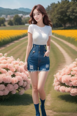 background is flower field,grass field,horizon,wind blowing,petals blowing,16 yo, 1 girl, beautiful girl,smile,
wearing denim overalls skirt,long socks,standing on flower field,holding buquet, cowboy shot,very_long_hair, hair past hip, bangs, curly hair, realhands, masterpiece, Best Quality, 16k, photorealistic, ultra-detailed, finely detailed, high resolution, perfect dynamic composition, beautiful detailed eyes, ((nervous and embarrassed)), sharp-focus, full body shot,pink flower,flower,Enhance,Sugar babe 
