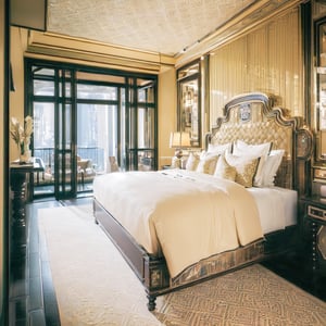 (best quality, masterpiece, high_resolution:1.5), a bedroom in 5star-hotel  with wonderful and luxury interior designing by Bill Bensley, royal king bed, tone golden pastel.,Wonder of Art and Beauty,FFIXBG