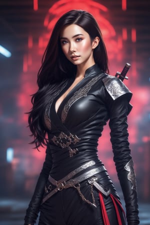 ninja warrior woman, cyberpunk style, gothick, modern costume, sword in hand, beautiful face, torn clothes, battle background, good quality japanese style, 4k,Unique Masterpiece