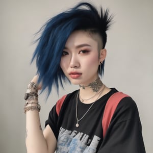 one Female Punk Rocker from laos, pale skin color, Bold haircut, Black hair, piercing blue eyes, with Black faded Faded Red T-shirt, wearing Ripped Black Jeans