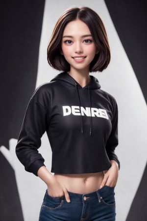 4k,best quality,masterpiece,20yo 1girl,(cropped sweatshirt),(demin pant), alluring smile, open hoodie,

(Beautiful and detailed eyes),
Detailed face, detailed eyes, double eyelids ,thin face, real hands, muscular fit body, semi visible abs, ((short hair with long locks:1.2)), black hair, black background,


real person, color splash style photo,Hyper
