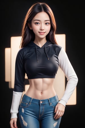 A masterpiece of beauty and allure, a 20-year-old woman poses confidently in front of a black background, her cropped sweatshirt and denim pants accentuating her fit physique. Her alluring smile shines bright, complemented by detailed eyes with double eyelids, framed by long locks of jet-black hair that cascade down her slender face. The camera captures her real hands cradling the edges of her open hoodie, hinting at the semi-visible abs beneath. The color splash style photo radiates a hyper-real quality, as if the subject is about to step out of the frame.,Add Art more