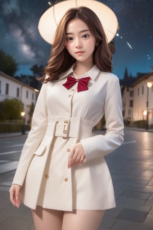 masterpiece, best quality, 1 girl, solo, ((an extremely delicate and beautiful)),school uniform, italian girl ,age 18, milky white skin,beautiful detailed eyes, at night , beautiful starry sky,Provocative,Fashionista ,Wonder of Art and Beauty