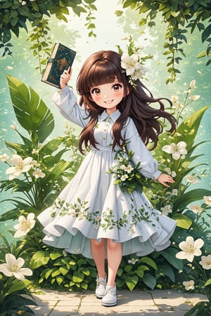 1girl, solo, long hair, looking at viewer, smile, bangs, brown hair, black hair, long sleeves, dress, holding, standing, full body, flower, blunt bangs, white dress, arm up, book, white footwear, plant, white flower,veropeso,Retouch all bugs,Replay1988