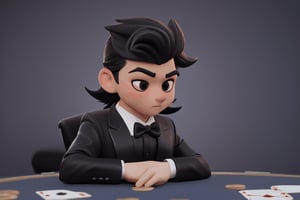 A pomeranian little dog head james bond in black tuxedo suit, realistic head, white shirt, Black bow, animal hand, detail leather head, playing poker, besides poker table, solid color background,Enhance,photo_b00ster, 