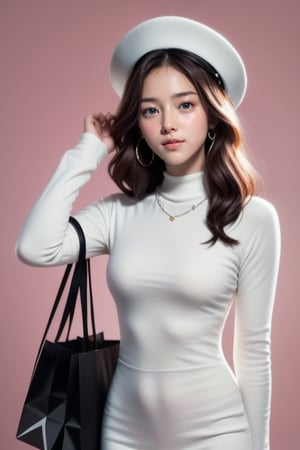 background is runway, pink color background,
18 yo, 1 girl, beautiful russian girl,wearing tight white dress(long sleeves),long white lady hat,holding shopping bag,happy smile, solo, {beautiful and detailed eyes}, dark eyes, calm expression, delicate facial features, ((model pose)), Glamor body type, (dark hair:1.2), simple tiny earrings, simple tiny necklace,bangs, flim grain, realhands, masterpiece, Best Quality, 16k, photorealistic, ultra-detailed, finely detailed, high resolution, perfect dynamic composition, beautiful detailed eyes, eye smile, ((nervous and embarrassed)), sharp-focus, full_body, cowboy_shot,Hyper