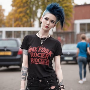 one Female Punk Rocker from sweden, pale skin color, Bold haircut, Black hair, piercing blue eyes, with Black faded Faded Red T-shirt, wearing Ripped Black Jeans