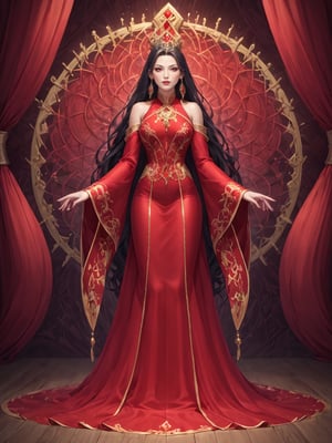 official art, unity 8k wallpaper, ultra detailed, beautiful and aesthetic, beautiful, masterpiece, best quality, (zentangle, mandala, tangle, entangle:0.4) The artwork features a fantasy chinese empress with the most sumptuous wedding hanfu dress made of (red silk:1.8) and richly embroidered with gold and silver threads, intricately carved golden badges and tassels, very large sleeves, golden jewels, along with an assortment of different floral patterns spread throughout. Finely intricated magic circles, (Intricately carved marble background:1.8). (woman, very long hair, full body shot, majestic pose ) ,horror,Wonder of Beauty,Melody,3D,Enhanced All
