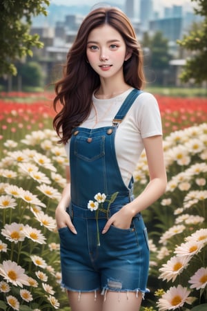 background is flower field,grass field,horizon,wind blowing,petals blowing,16 yo, 1 girl, beautiful girl,smile,
wearing denim overalls skirt,long socks,standing on flower field,holding buquet, cowboy shot,very_long_hair, hair past hip, bangs, curly hair, realhands, masterpiece, Best Quality, 16k, photorealistic, ultra-detailed, finely detailed, high resolution, perfect dynamic composition, beautiful detailed eyes, ((nervous and embarrassed)), sharp-focus, full body shot,pink flower,flower,Enhance