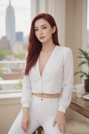 Full body photograph of a girl, 20 years old, red hair, green eyes, long hair, blue t-shirt, white jacket, white jeans, blue sneakers, beautiful silver earrings, very beautiful, beautiful, sensual girl. Elegant, sitting, (((drinking a coffee inside a hotel))), in front of a window, in New York, photo realistic, RAW photo, HDR, UHD, 64 k, dynamic agle, cinematic, shap focus, insane details, highly detailed, masterpice,Perfect skin,Wonder of Beauty,Long Legs and Hot Body