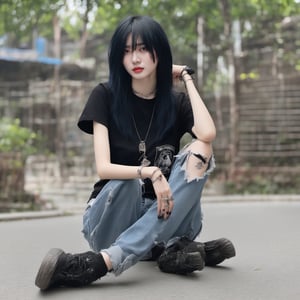 one Female Punk Rocker from Korea, pale skin color, Bold haircut, Black hair, piercing blue eyes, with Black faded Faded Red T-shirt, wearing Ripped Black Jeans