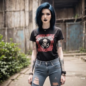 one Female Punk Rocker from Colombia, pale skin color, Bold haircut, Black hair, piercing blue eyes, with Black faded Faded Red T-shirt, wearing Ripped Black Jeans
