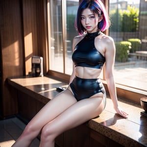 a 20 yo woman, long bobcut BLUE HAIR PINK HIGHLIGHTS, (hi-top fade:1.3), dark theme, soothing tones, muted colors, high contrast, (natural skin texture, hyperrealism, soft light, sharp),chinatsumura,Detailedface,Nice legs and hot body,Round house,A-Class