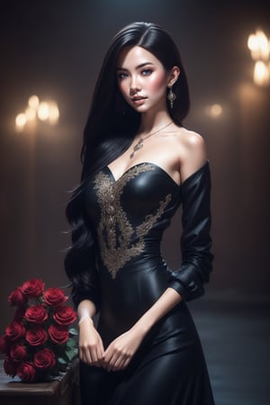 Highy detailed image, cinematic shot, (bright and intense:1.2), wide shot, perfect centralization, side view, dynamic pose, crisp, defined, HQ, detailed, HD, dynamic light & pose, motion, moody, intricate, 1girl, (((goth))) holding a black rose, attractive, clear facial expression, perfect hands, emotional, hyperrealistic inspired by necronomicon art, my baby just cares for me, fantasy horror art, photorealistic dark concept art
