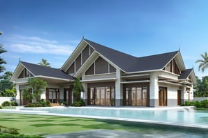 (Masterpiece,  high-quality, raw photo, ),  1 beautiful villa,  2.5 layers, green gard, pool, car parking, Thai style roof,  full HD,  8k,,,Thai style roof,dvarchmodern,Wonder of Art and Beauty