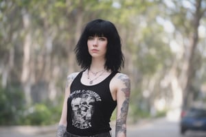 one Female Punk Rocker named Jill, pale skin color, Bold haircut, Black hair, piercing blue eyes, with Black faded Faded Red T-shirt, wearing Ripped Black Jeans