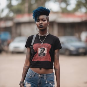 one Female Punk Rocker from angola, pale skin color, Bold haircut, Black hair, piercing blue eyes, with Black faded Faded Red T-shirt, wearing Ripped Black Jeans