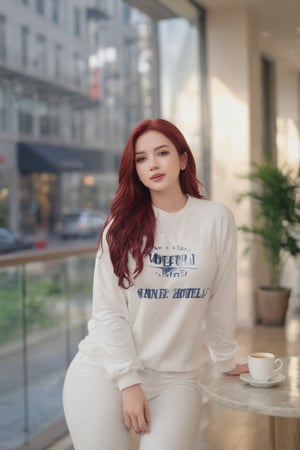 Full body photograph of a girl, 20 years old, red hair, green eyes, long hair, blue t-shirt, white jacket, white jeans, blue sneakers, beautiful silver earrings, very beautiful, beautiful, sensual girl. Elegant, sitting, (((drinking a coffee inside a hotel))), in front of a window, in New York, photo realistic, RAW photo, HDR, UHD, 64 k, dynamic agle, cinematic, shap focus, insane details, highly detailed, masterpice,Perfect skin,Wonder of Beauty,Long Legs and Hot Body,Melody