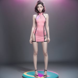 1girl, female lowteen, look down, smug, step on viewer, blush, full body, head and shoulders, flat color BREAK (vaporwave:1.2), a statuesque Picaroto woman with prisms in her eyes, geometric gradients background BREAK colorful, dream-like,