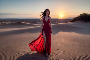 Desert Solitude: Imagine a woman in a flowing red dress, standing atop a sand dune overlooking a vast desert landscape. The sun dips below the horizon, casting long shadows and painting the sky in fiery hues. The silence is broken only by the whisper of wind, and the woman's expression is one of quiet contemplation amidst the stark beauty of nature's harshest embrace.Chinese girl, 22 years old, very beautiful,Eurasian