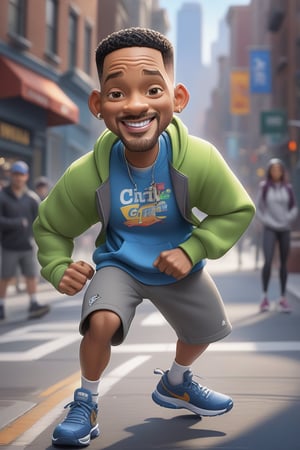 Pixar-style full-length caricature of a mischievous Will Smith in a dynamic pose on a bustling city street, wearing a sports sweatshirt, created by Greg Rutkowski with sharp focus, depth of field, perfect composition and intricate details. , trending on ArtStation and featured on Pixiv Fanbox, digital art, 8K HDR, ultra-realistic, with the feeling
